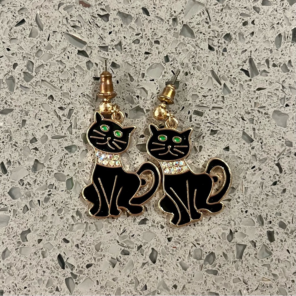 NWOT Black and Gold Cat Rhinestone Dangle Earrings